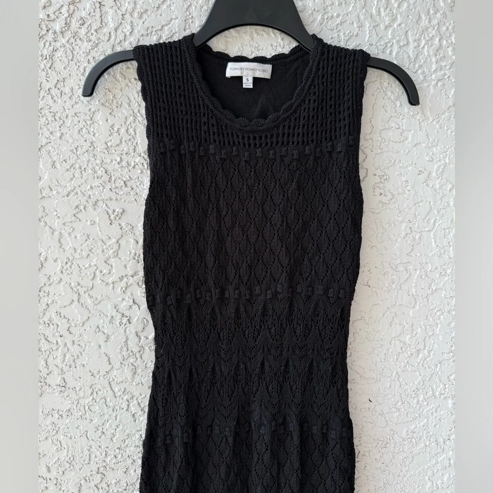 Torn By Ronny Kobo Ryan Black Crochet Knit Fringe Midi Dress Small